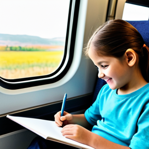 Home 4 A cheerful child, approximately 7 years old, wearing appropriate, modest clothing, is focused on drawing in a small sketchbook with colored pencils inside a modern, clean train compartment. The child is depicting the blurred, scenic Turkish countryside visible through the large window. A supportive parent, also fully clothed in professional, modest attire, sits beside them, gently observing with a warm smile. A small, colorful travel kit bag rests on the seat. The scene is captured with professional photography, showcasing vibrant colors and natural lighting, ensuring perfect anatomy, correct proportions, natural poses, well-formed hands, and proper finger count. This image is safe for work, appropriate content, and family-friendly.