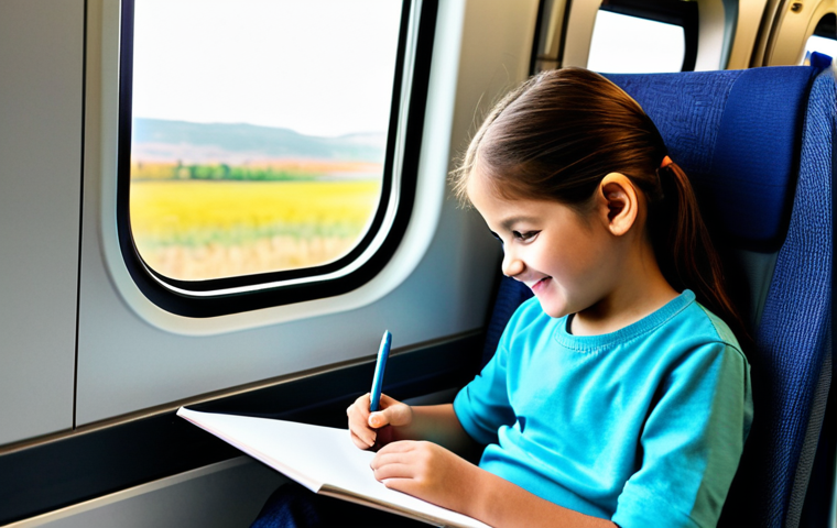 A cheerful child, approximately 7 years old, wearing appropriate, modest clothing, is focused on drawing in a small sketchbook with colored pencils inside a modern, clean train compartment. The child is depicting the blurred, scenic Turkish countryside visible through the large window. A supportive parent, also fully clothed in professional, modest attire, sits beside them, gently observing with a warm smile. A small, colorful travel kit bag rests on the seat. The scene is captured with professional photography, showcasing vibrant colors and natural lighting, ensuring perfect anatomy, correct proportions, natural poses, well-formed hands, and proper finger count. This image is safe for work, appropriate content, and family-friendly.