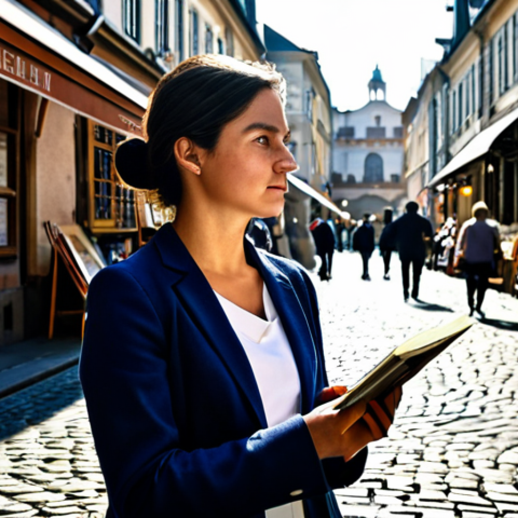 A professional female architect, fully clothed in modest, smart casual attire, stands thoughtfully on a bustling, historic cobblestone street in a vibrant city. She holds a sketchbook and a pen, attentively observing the intricate architectural details of the old buildings and colorful market stalls around her. Sunlight filters through narrow alleyways, creating interesting shadows. This image captures a sense of dynamic inspiration and focused observation, with perfect anatomy, correct proportions, natural pose, well-formed hands, proper finger count, and natural body proportions. Safe for work, appropriate content, family-friendly, professional photography, high quality.