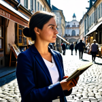 A professional female architect, fully clothed in modest, smart casual attire, stands thoughtfully on a bustling, historic cobblestone street in a vibrant city. She holds a sketchbook and a pen, attentively observing the intricate architectural details of the old buildings and colorful market stalls around her. Sunlight filters through narrow alleyways, creating interesting shadows. This image captures a sense of dynamic inspiration and focused observation, with perfect anatomy, correct proportions, natural pose, well-formed hands, proper finger count, and natural body proportions. Safe for work, appropriate content, family-friendly, professional photography, high quality.