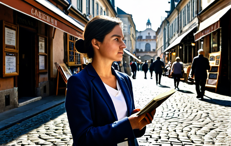 A professional female architect, fully clothed in modest, smart casual attire, stands thoughtfully on a bustling, historic cobblestone street in a vibrant city. She holds a sketchbook and a pen, attentively observing the intricate architectural details of the old buildings and colorful market stalls around her. Sunlight filters through narrow alleyways, creating interesting shadows. This image captures a sense of dynamic inspiration and focused observation, with perfect anatomy, correct proportions, natural pose, well-formed hands, proper finger count, and natural body proportions. Safe for work, appropriate content, family-friendly, professional photography, high quality.