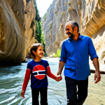 A Turkish family, including parents and two children, fully clothed in modest, comfortable outdoor attire, joyfully exploring Saklıkent Canyon. The family is navigating the shallow, crystal-clear river, holding hands and laughing. Sunlight filters through the narrow canyon walls, highlighting the ancient rock formations. Their expressions show pure excitement and connection. Perfect anatomy, correct proportions, natural pose, well-formed hands, proper finger count, natural body proportions. Professional photography, high quality, safe for work, appropriate content, family-friendly.