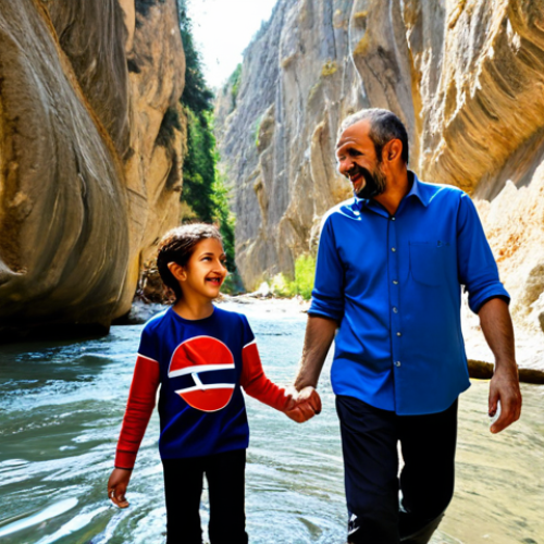 Home 23 A Turkish family, including parents and two children, fully clothed in modest, comfortable outdoor attire, joyfully exploring Saklıkent Canyon. The family is navigating the shallow, crystal-clear river, holding hands and laughing. Sunlight filters through the narrow canyon walls, highlighting the ancient rock formations. Their expressions show pure excitement and connection. Perfect anatomy, correct proportions, natural pose, well-formed hands, proper finger count, natural body proportions. Professional photography, high quality, safe for work, appropriate content, family-friendly.
