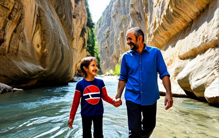 A Turkish family, including parents and two children, fully clothed in modest, comfortable outdoor attire, joyfully exploring Saklıkent Canyon. The family is navigating the shallow, crystal-clear river, holding hands and laughing. Sunlight filters through the narrow canyon walls, highlighting the ancient rock formations. Their expressions show pure excitement and connection. Perfect anatomy, correct proportions, natural pose, well-formed hands, proper finger count, natural body proportions. Professional photography, high quality, safe for work, appropriate content, family-friendly.