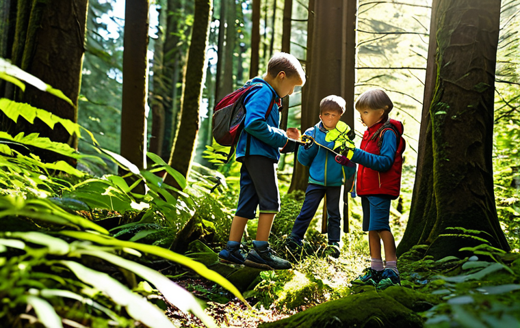 Forest Exploration**
A group of children, fully clothed in appropriate hiking attire, exploring a lush forest. Sunlight filters through the trees, illuminating a diverse range of plant life. The children are examining leaves and insects with magnifying glasses. Perfect anatomy, correct proportions, natural poses. Safe for work, appropriate content, family-friendly, professional photography, high quality.
**
